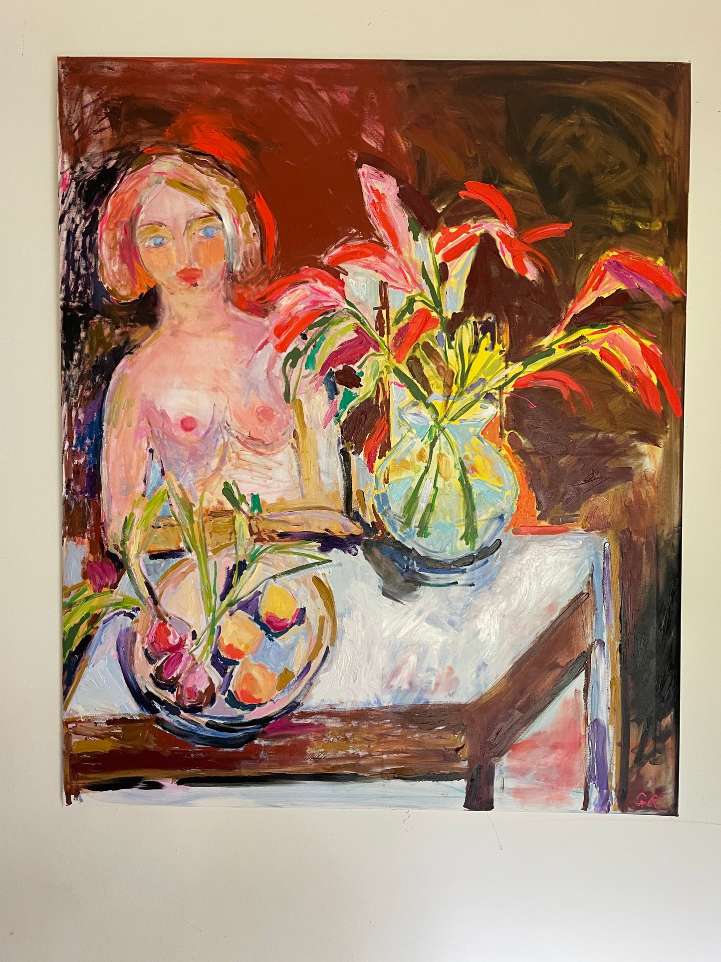 A woman with Day Lillies 100 x 120 cm