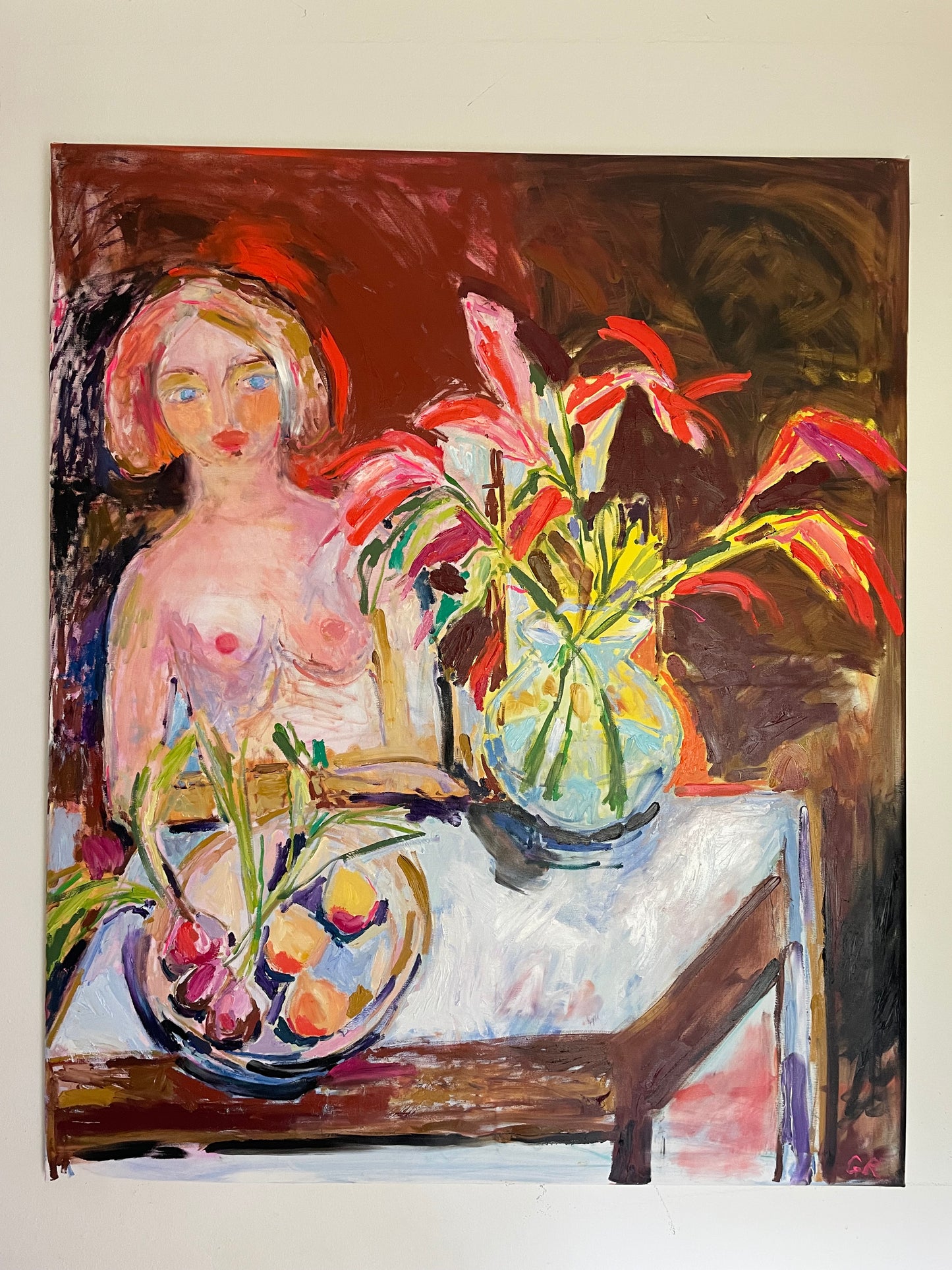 A woman with Day Lillies 100 x 120 cm
