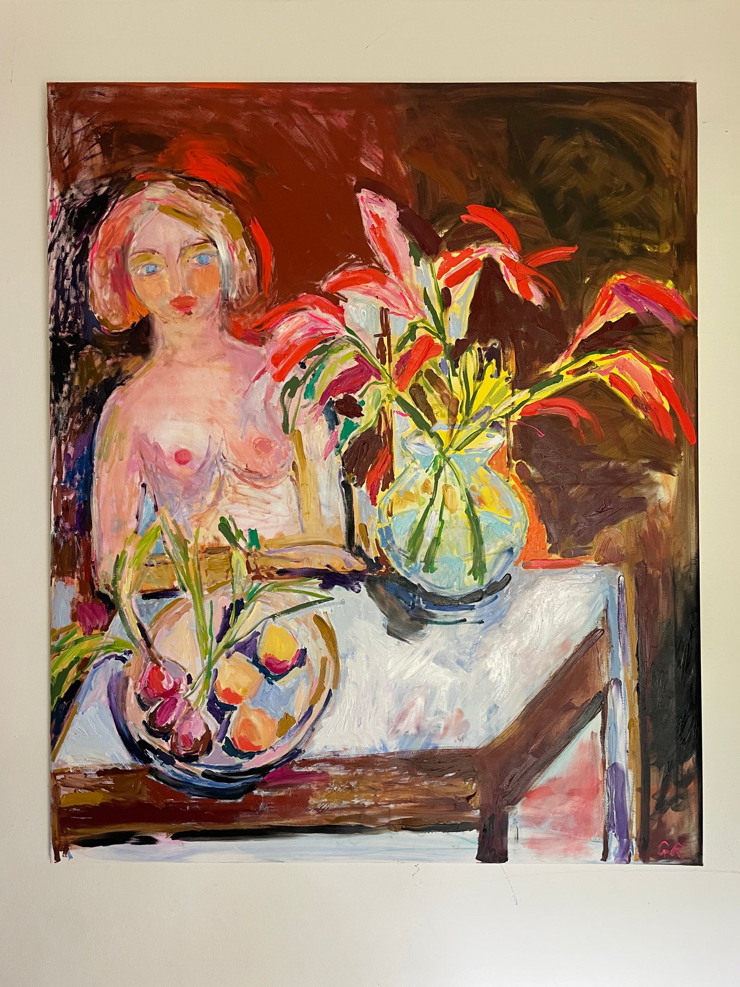 A woman with Day Lillies 100 x 120 cm