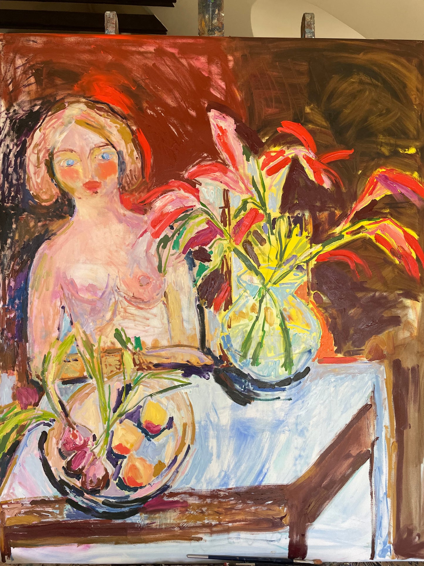 A woman with Day Lillies 100 x 120 cm